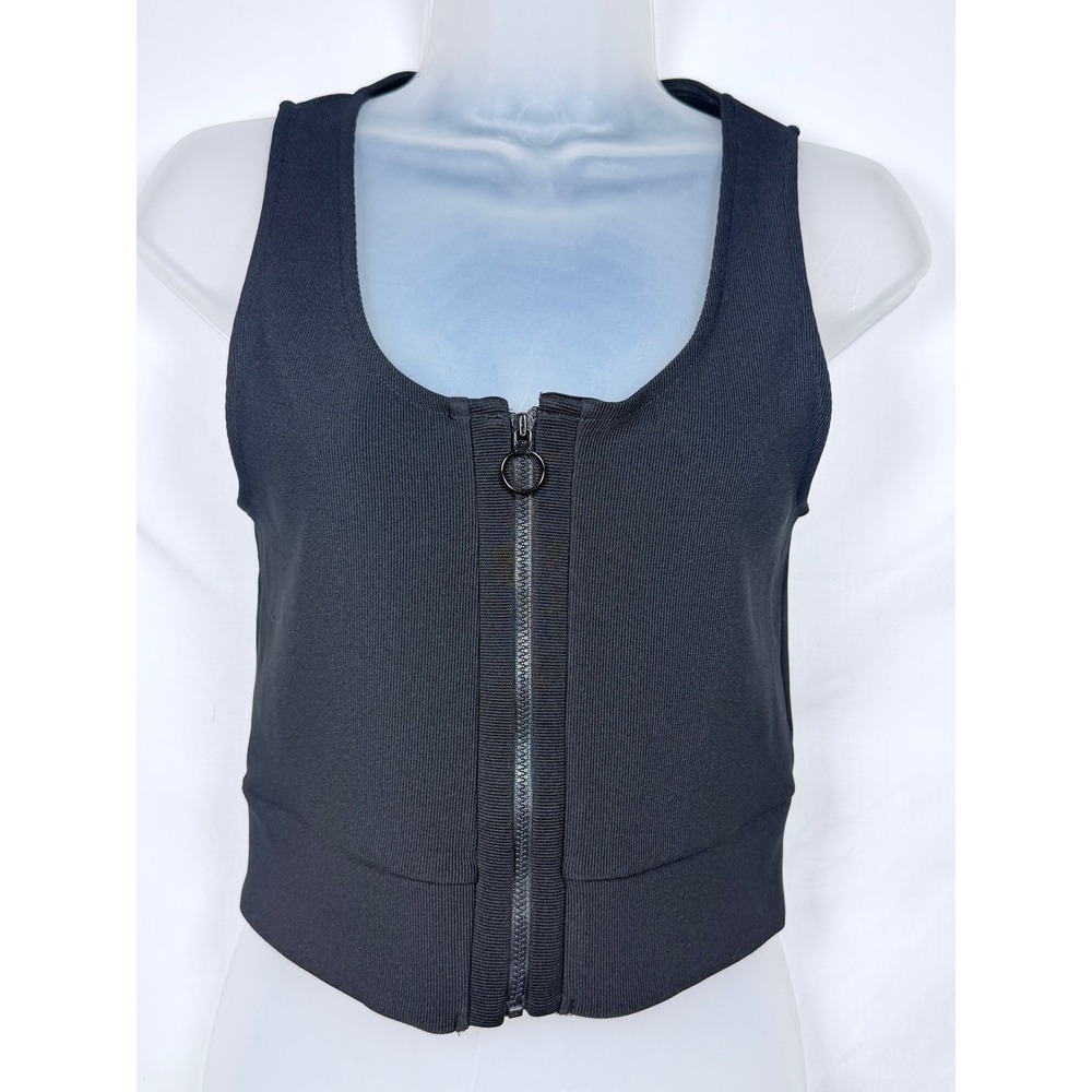 Express Womens Tank Top S Black Ribbed Full Zip Front Ring Pull Crop Sleeveless